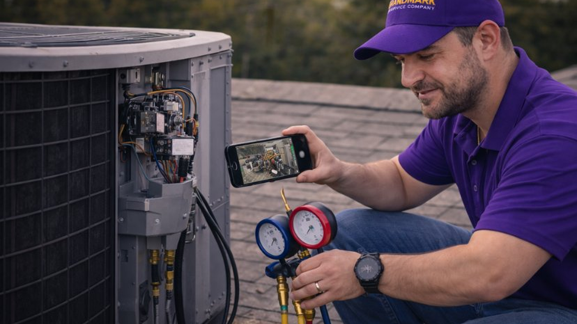Grandmark technician recording a pre-repair video walkthrough with a customer, California